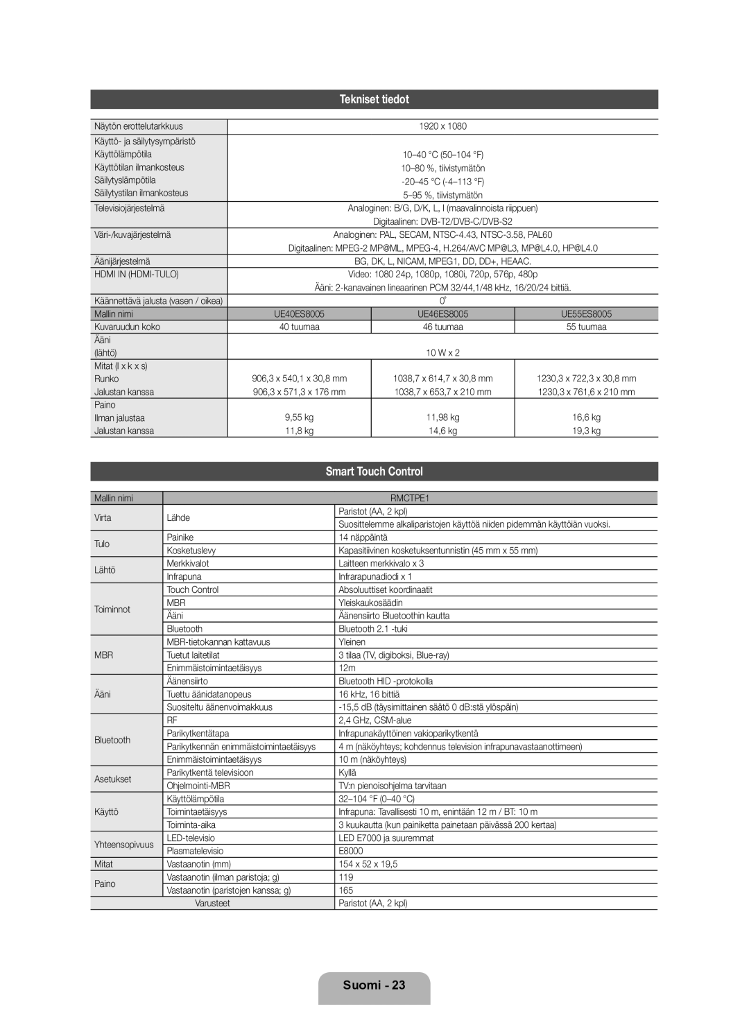 Samsung UE40ES8005UXXE, UE46ES8005UXXE, UE55ES8005UXXE manual Tekniset tiedot 