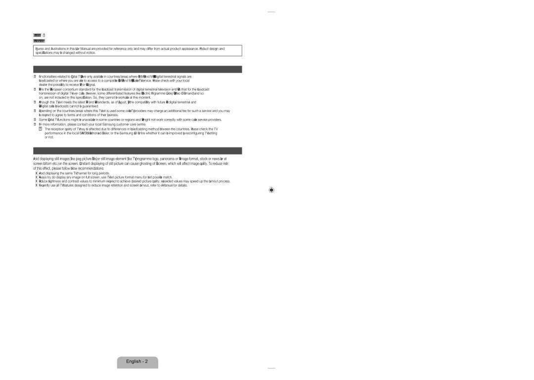 Samsung UE55ES8005UXXE, UE46ES8005UXXE, UE40ES8005UXXE manual Digital TV notice, Still image warning 