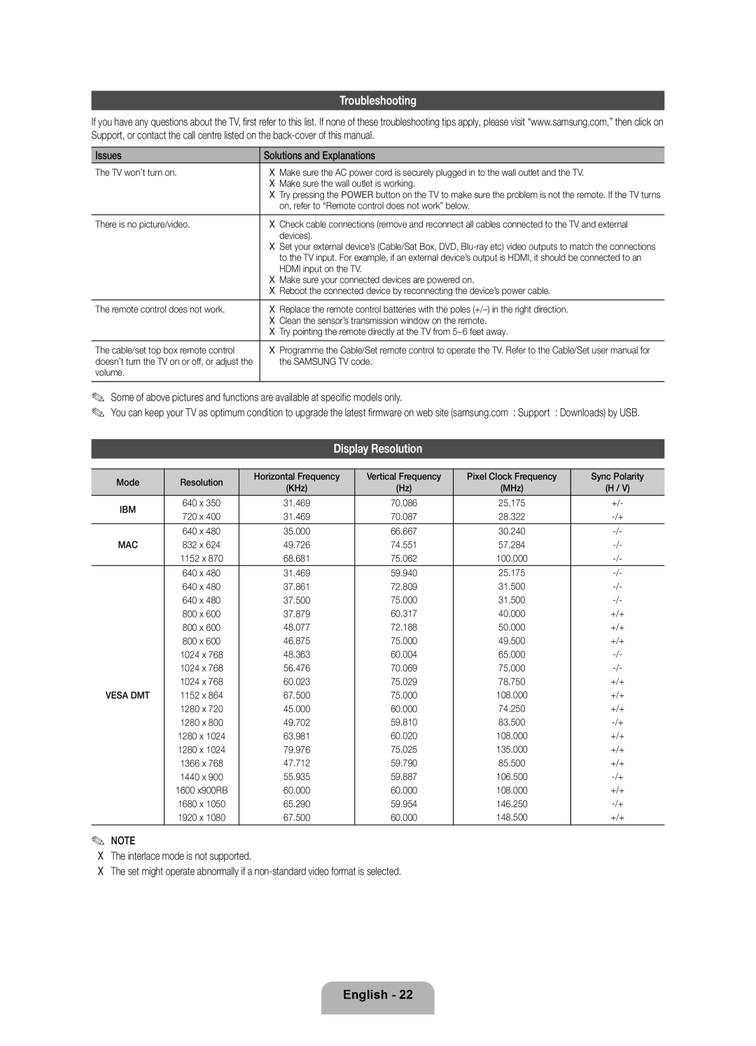 Samsung UE40ES8005UXXE, UE46ES8005UXXE manual Troubleshooting, Display Resolution, Issues Solutions and Explanations 