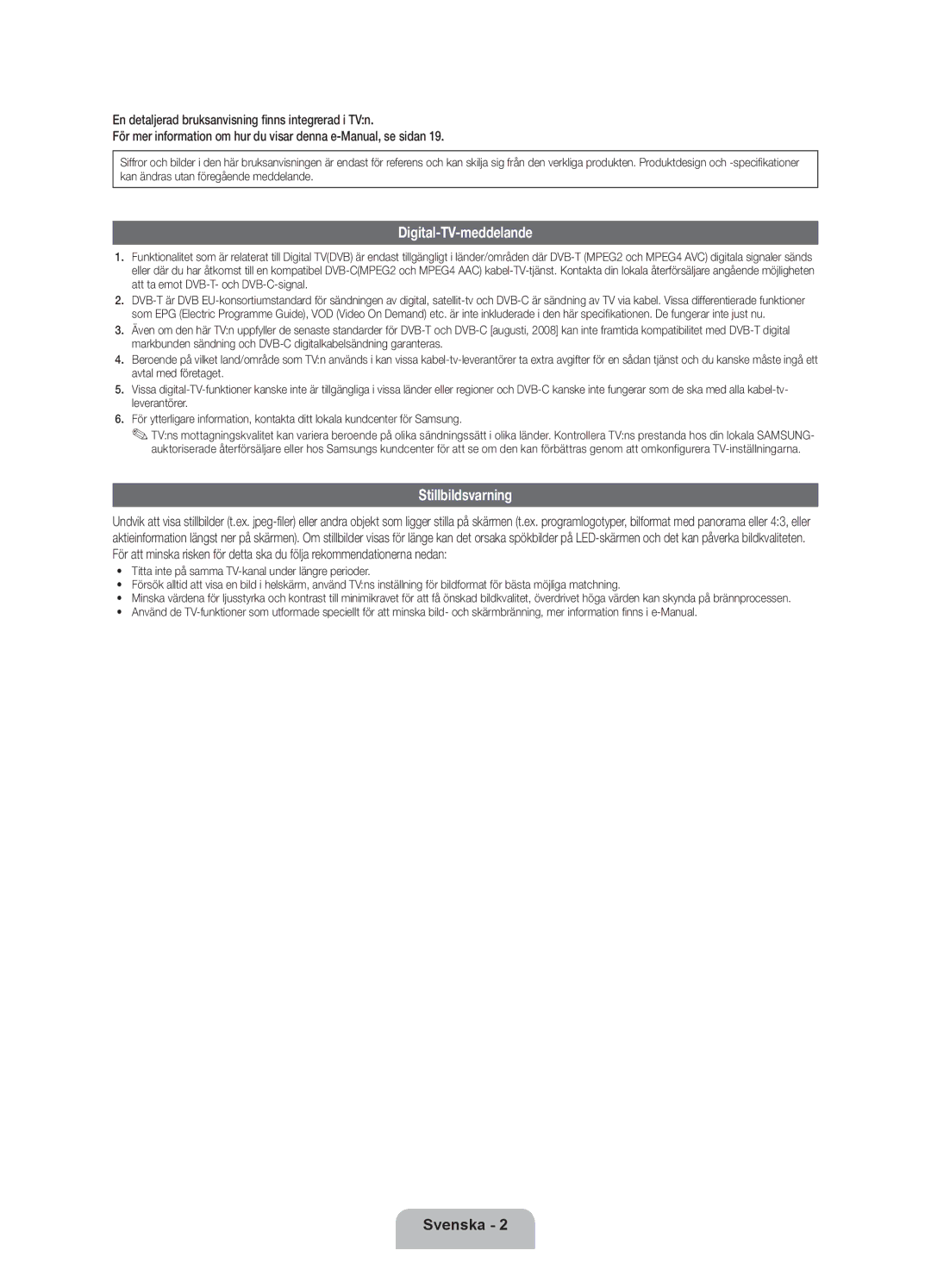 Samsung UE40ES8005UXXE, UE46ES8005UXXE, UE55ES8005UXXE manual Digital-TV-meddelande, Stillbildsvarning 