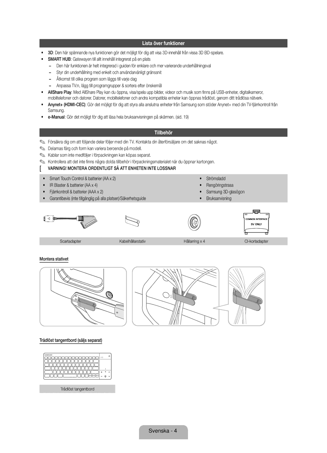 Samsung UE46ES8005UXXE manual Lista över funktioner, Tillbehör, VARNING! Montera Ordentligt SÅ ATT Enheten Inte Lossnar 