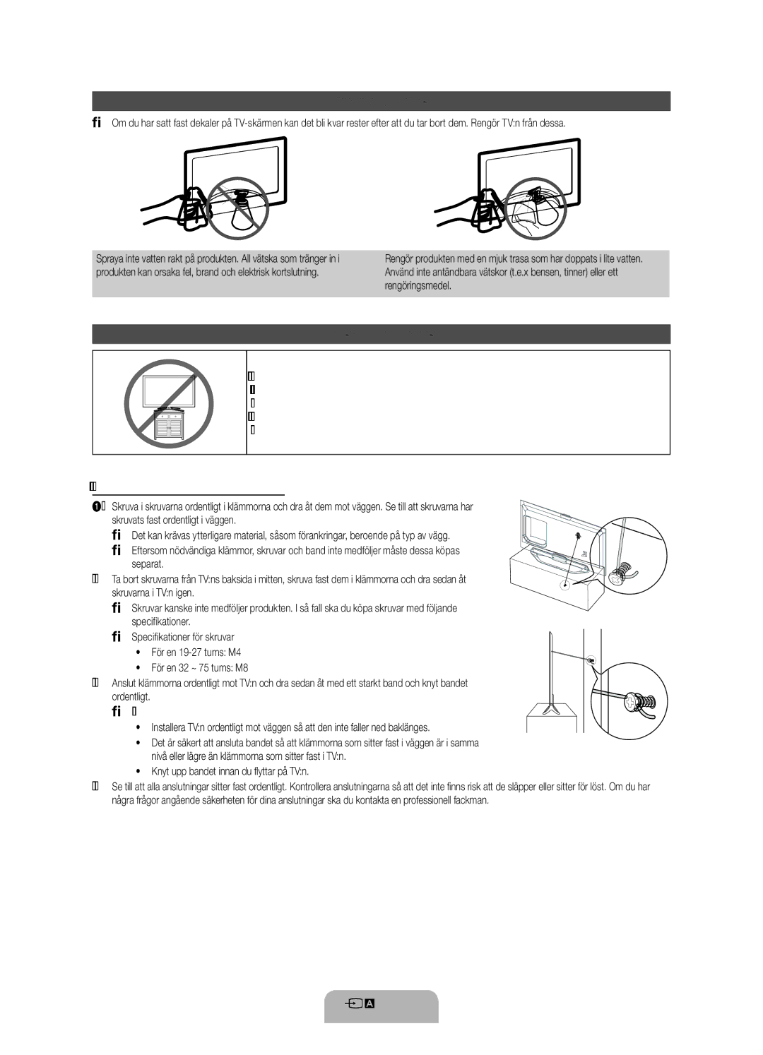 Samsung UE55ES8005UXXE manual Förvaring och skötsel, Montera TVn mot väggen, Knyt upp bandet innan du fl yttar på TVn 