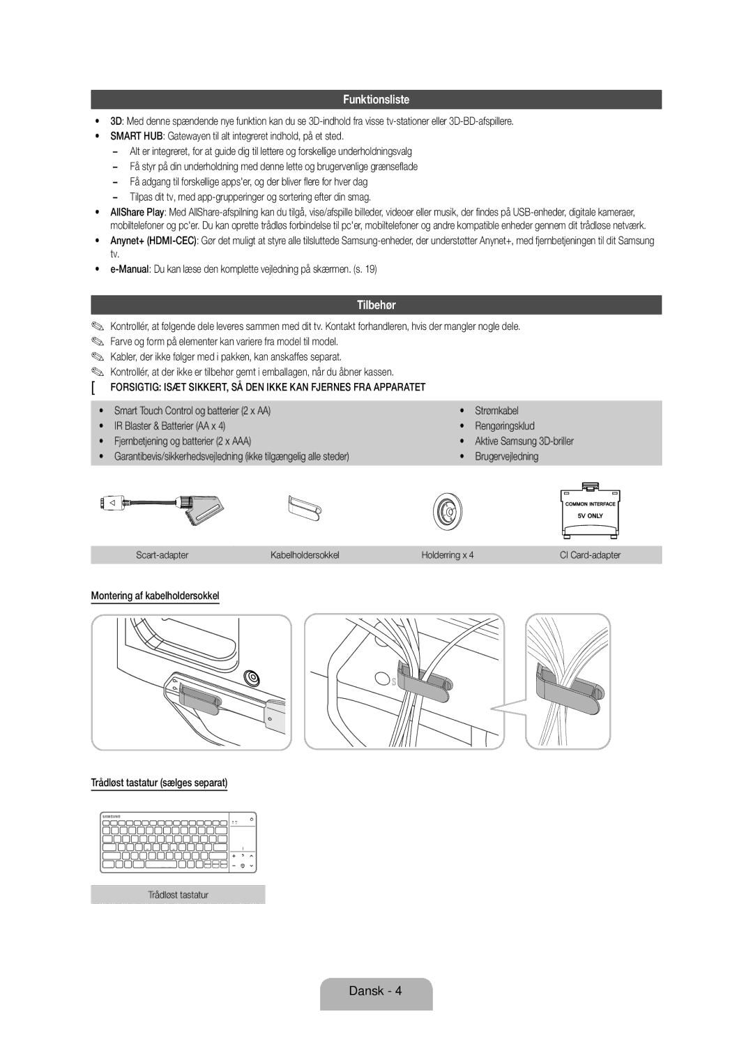 Samsung UE55ES8005UXXE manual Funktionsliste, Tilbehør, Scart-adapter Kabelholdersokkel Holderring x, Trådløst tastatur 