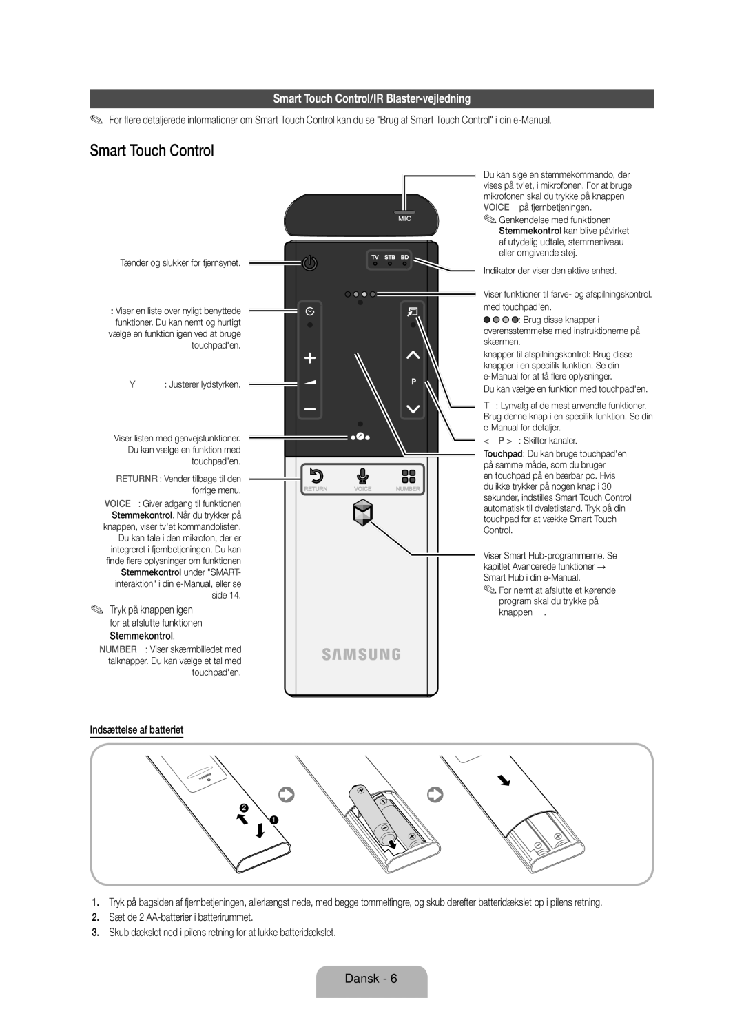 Samsung UE40ES8005UXXE, UE46ES8005UXXE, UE55ES8005UXXE Smart Touch Control/IR Blaster-vejledning, Indsættelse af batteriet 