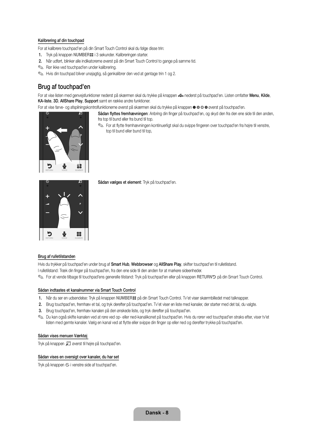 Samsung UE46ES8005UXXE manual Brug af touchpaden, Øverst på touchpaden, Sådan vælges et element Tryk på touchpaden 