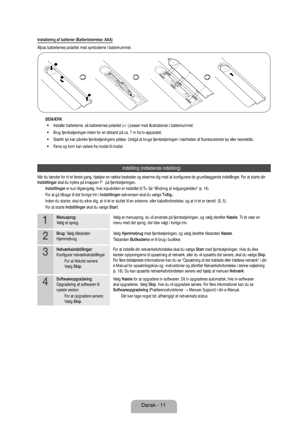 Samsung UE46ES8005UXXE manual Indstilling indledende indstilling, Bemærk, Farve og form kan variere fra model til model 