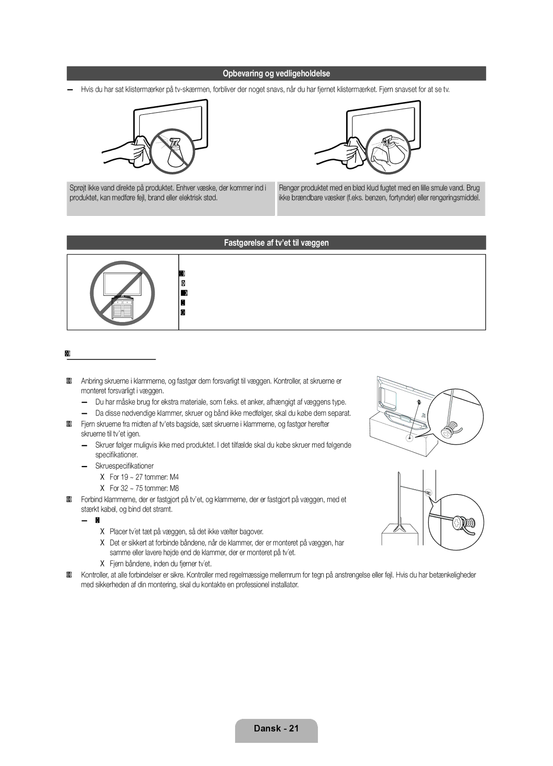 Samsung UE40ES8005UXXE, UE46ES8005UXXE, UE55ES8005UXXE manual Opbevaring og vedligeholdelse, Fastgørelse af tv’et til væggen 