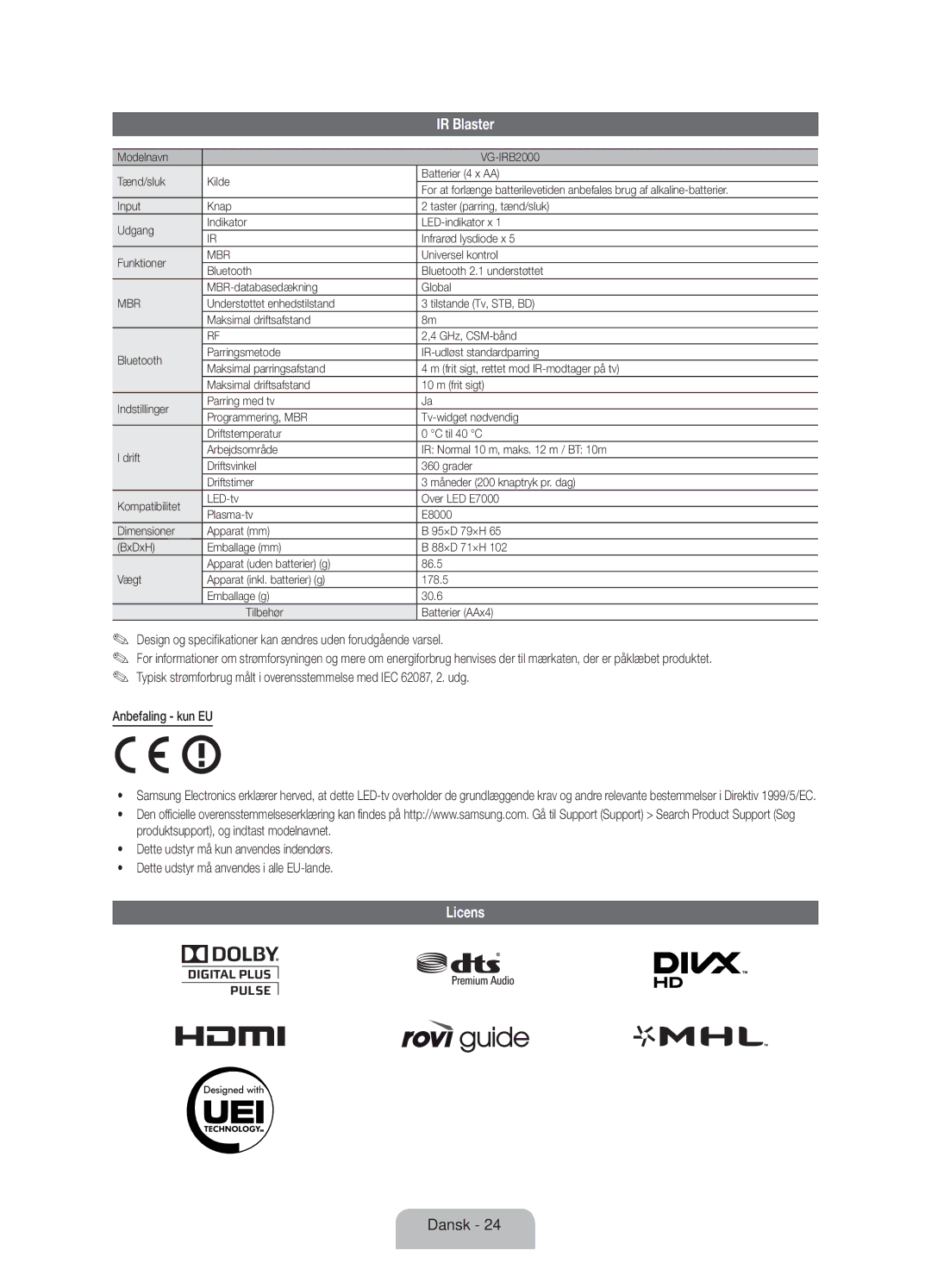 Samsung UE40ES8005UXXE, UE46ES8005UXXE Design og specifikationer kan ændres uden forudgående varsel, Anbefaling kun EU 