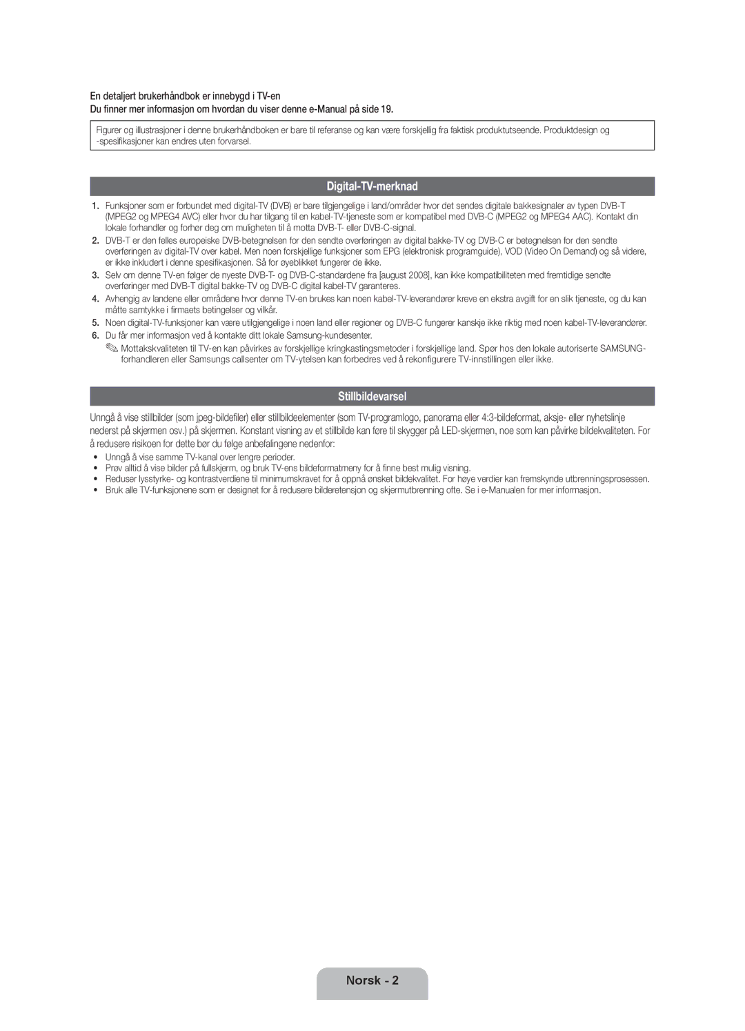 Samsung UE55ES8005UXXE, UE46ES8005UXXE, UE40ES8005UXXE manual Digital-TV-merknad, Stillbildevarsel 