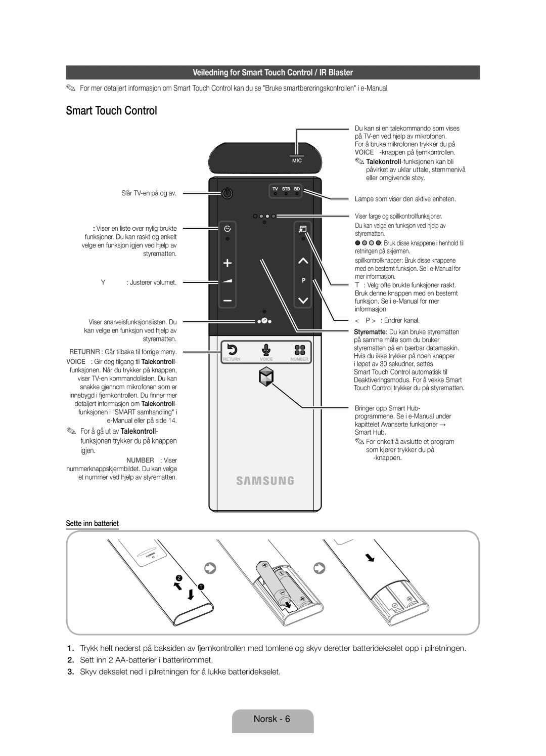 Samsung UE46ES8005UXXE, UE40ES8005UXXE, UE55ES8005UXXE manual Veiledning for Smart Touch Control / IR Blaster, Igjen 