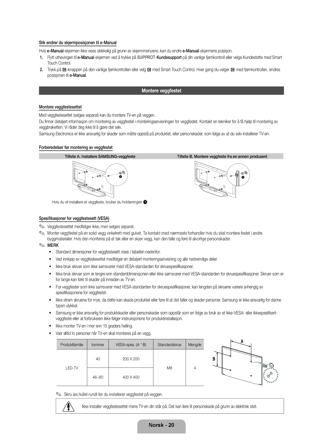 Samsung UE55ES8005UXXE, UE46ES8005UXXE, UE40ES8005UXXE manual Montere veggfestet, Forberedelser før montering av veggfestet 