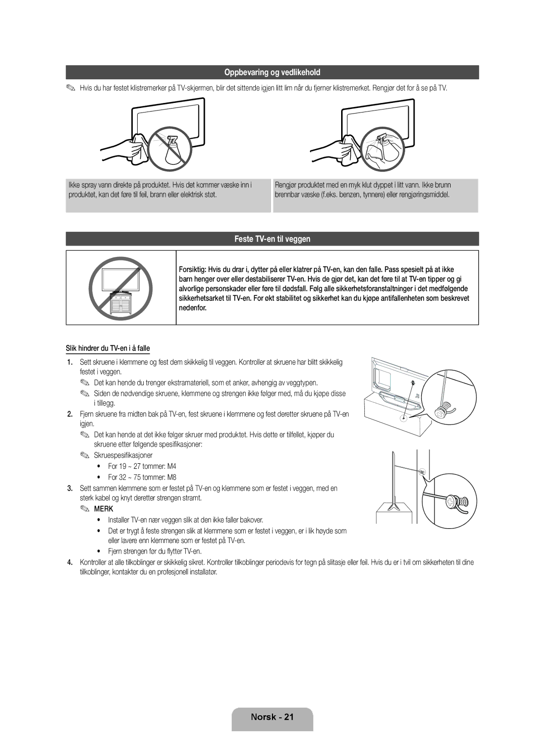 Samsung UE46ES8005UXXE, UE40ES8005UXXE, UE55ES8005UXXE manual Oppbevaring og vedlikehold, Feste TV-en til veggen 