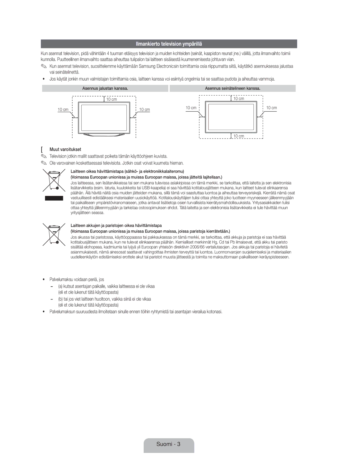 Samsung UE55ES8005UXXE, UE46ES8005UXXE, UE40ES8005UXXE Ilmankierto television ympärillä, Palvelumaksu voidaan periä, jos 