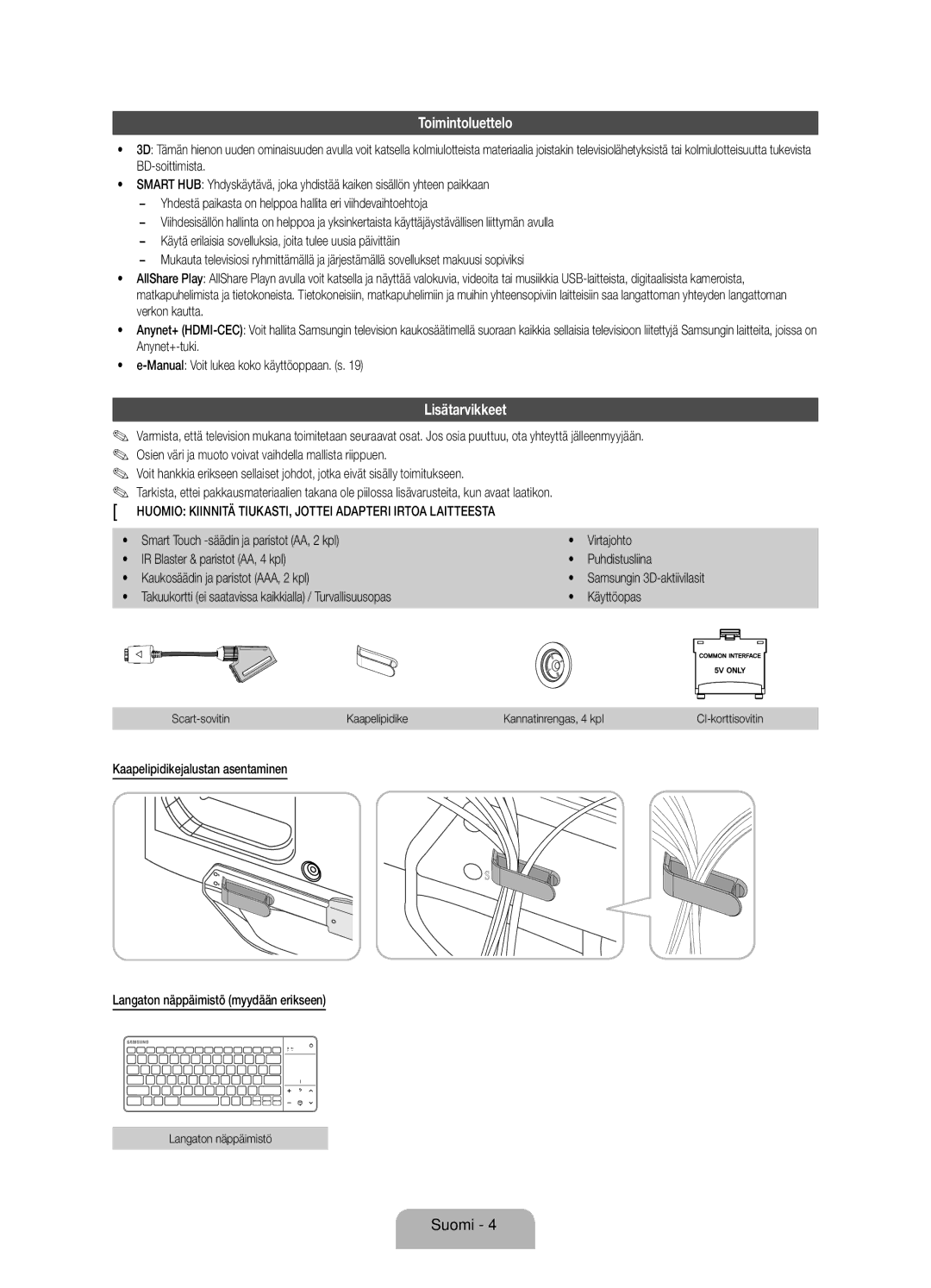 Samsung UE46ES8005UXXE manual Toimintoluettelo, Lisätarvikkeet, Huomio Kiinnitä TIUKASTI, Jottei Adapteri Irtoa Laitteesta 