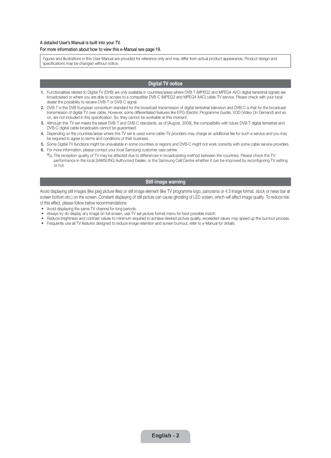 Samsung UE46ES8080UXZG, UE55ES8080UXZG manual Digital TV notice, Still image warning 