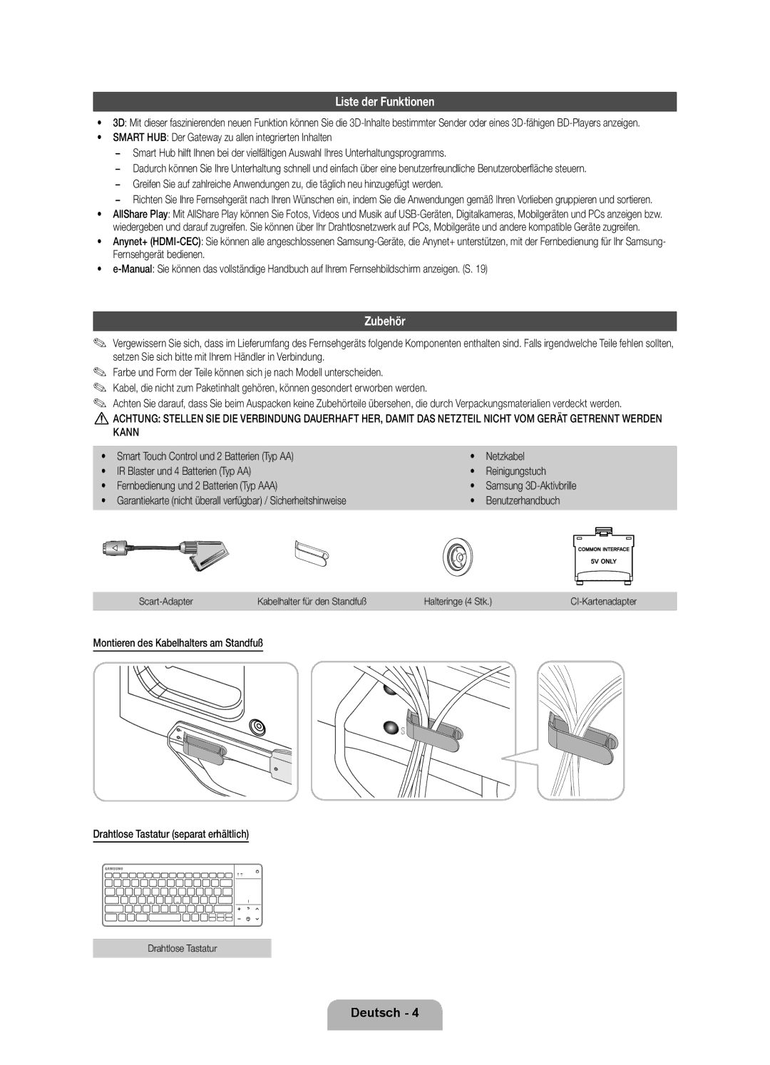 Samsung UE55ES8080UXZG manual Liste der Funktionen, Zubehör, Garantiekarte nicht überall verfügbar / Sicherheitshinweise 