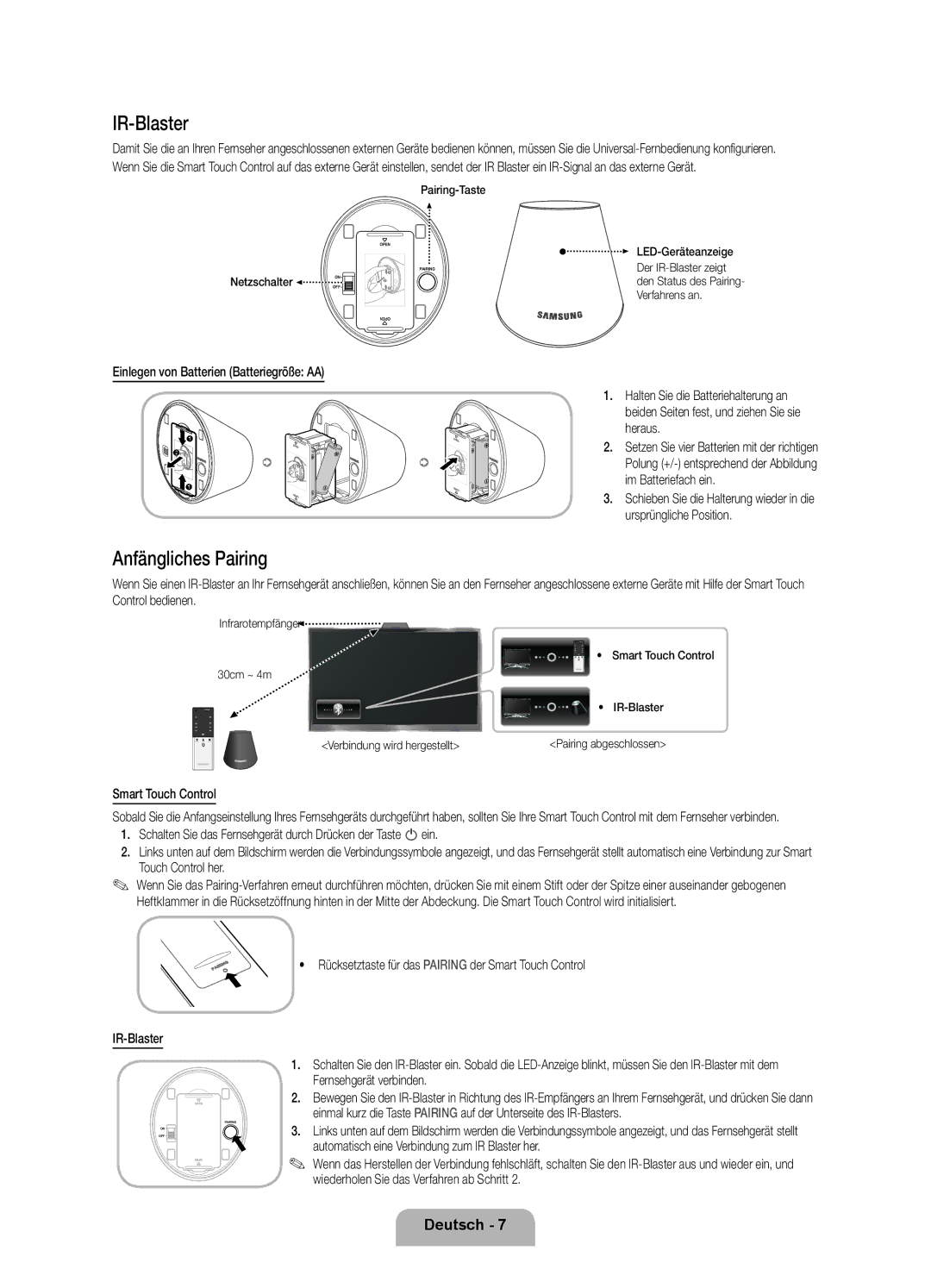 Samsung UE46ES8080UXZG, UE55ES8080UXZG manual IR-Blaster, Anfängliches Pairing, Smart Touch Control 