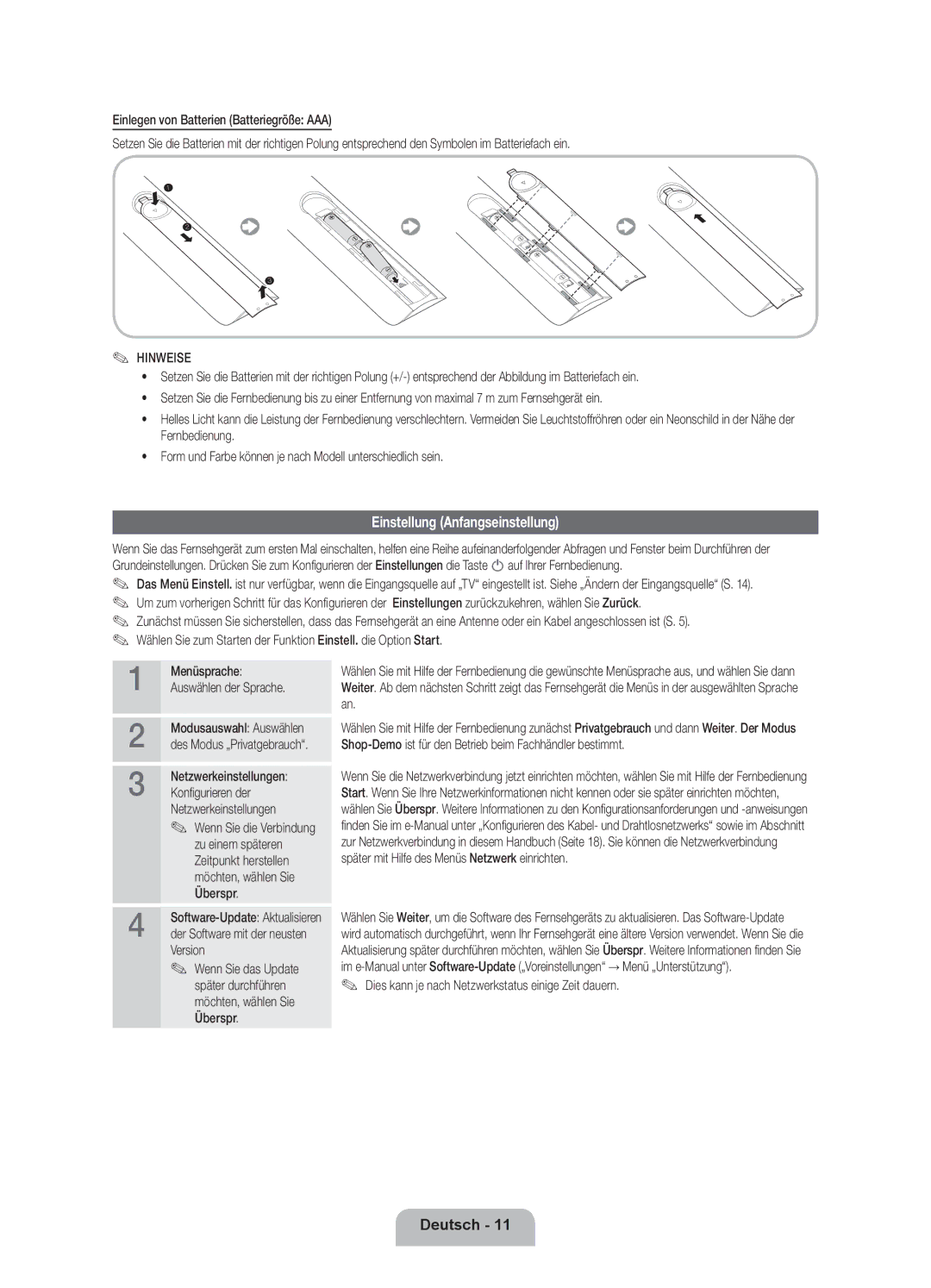 Samsung UE46ES8080UXZG manual Einstellung Anfangseinstellung, Menüsprache Auswählen der Sprache Modusauswahl Auswählen 