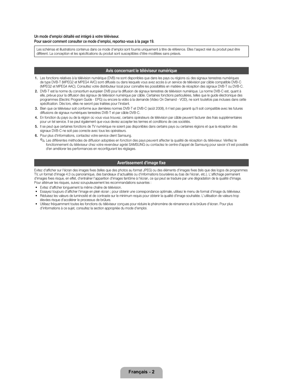 Samsung UE46ES8080UXZG manual Avis concernant le téléviseur numérique, Avertissement dimage fixe, Chaîne de télévision 