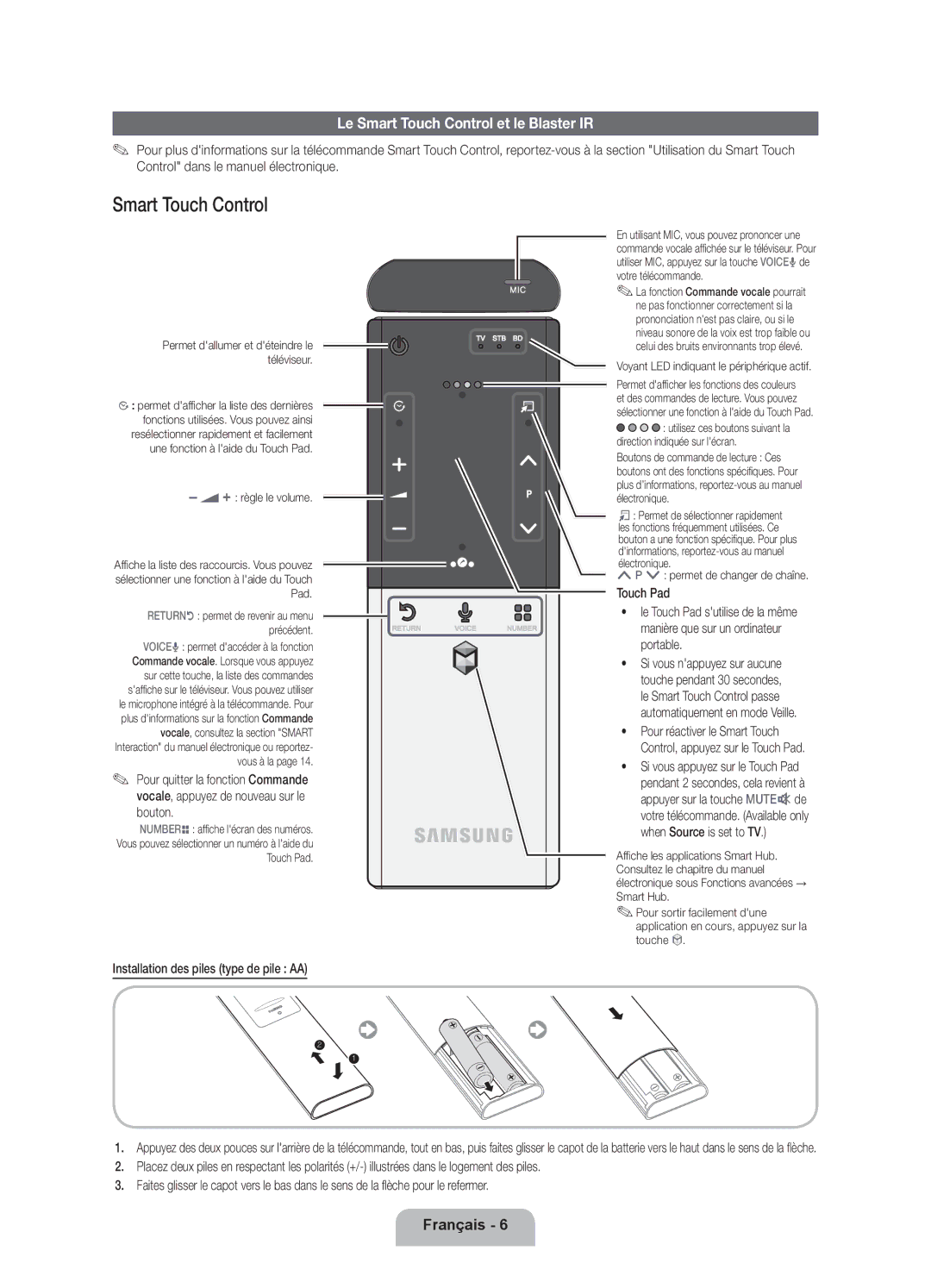 Samsung UE46ES8080UXZG manual Le Smart Touch Control et le Blaster IR, Touch Pad, Portable, When Source is set to TV 