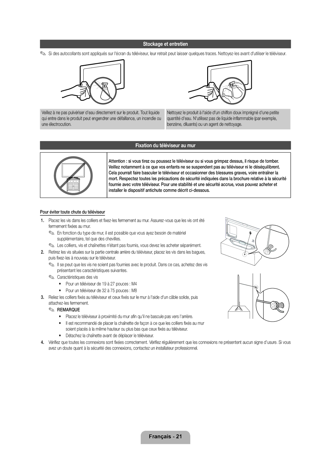 Samsung UE55ES8080UXZG, UE46ES8080UXZG manual Stockage et entretien, Fixation du téléviseur au mur 