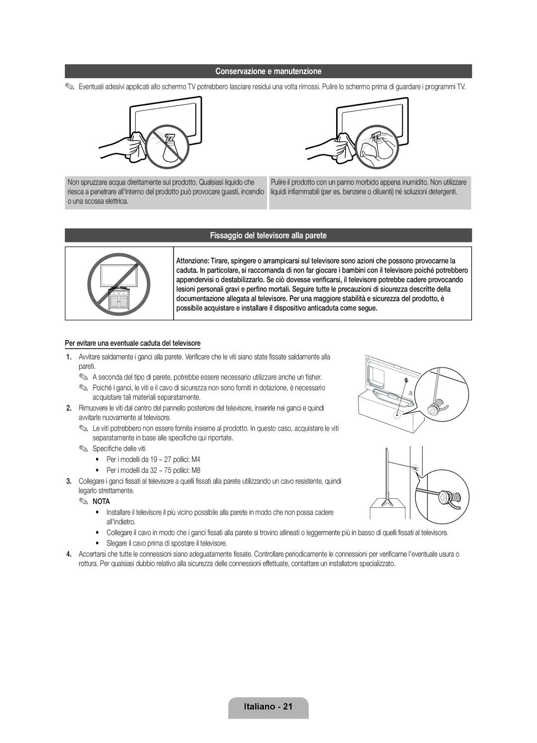 Samsung UE46ES8080UXZG, UE55ES8080UXZG manual Conservazione e manutenzione, Fissaggio del televisore alla parete 