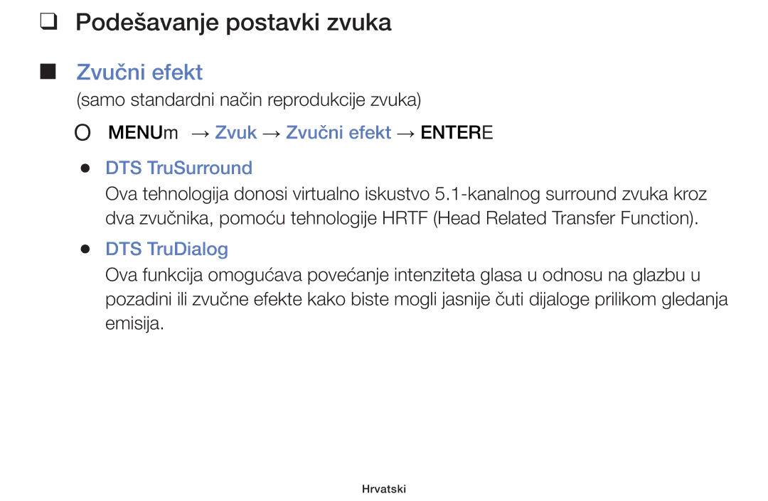 Samsung UE39F5000AWXXH manual Podešavanje postavki zvuka, OO MENUm → Zvuk → Zvučni efekt → Entere DTS TruSurround 