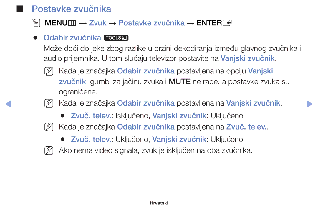 Samsung UE32F5070SSXXH, UE46F5000AWXXH manual Postavke zvučnika, Zvuč. telev. Isključeno, Vanjski zvučnik Uključeno 