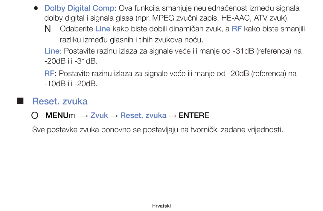 Samsung UE40F5000AWXXH, UE46F5000AWXXH, UE32F5000AWXXH, UE32F4000AWXXH manual OO MENUm → Zvuk → Reset. zvuka → Entere 