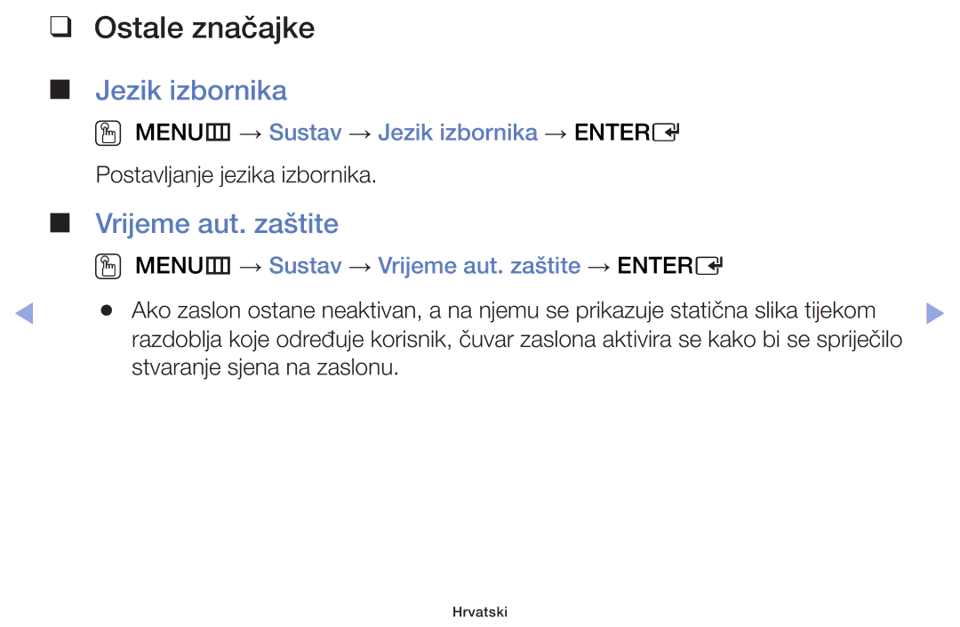 Samsung UE42F5000AWXXH, UE46F5000AWXXH manual Vrijeme aut. zaštite, OO MENUm → Sustav → Jezik izbornika → Entere 