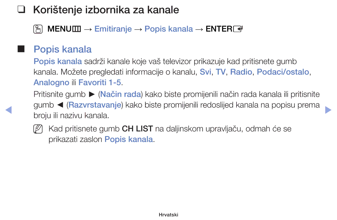 Samsung UE50F5000AWXXH, UE46F5000AWXXH Korištenje izbornika za kanale, OO MENUm → Emitiranje → Popis kanala → Entere 