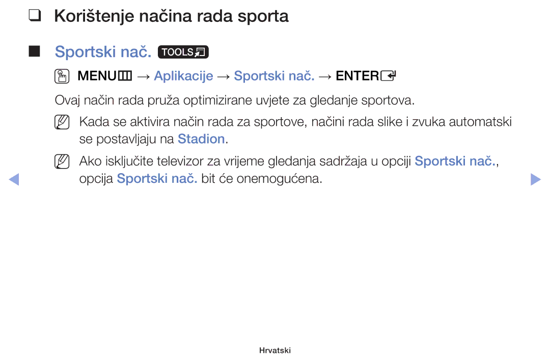 Samsung UE32F5070SSXXH Korištenje načina rada sporta, Sportski nač. t, OO MENUm → Aplikacije → Sportski nač. → Entere 