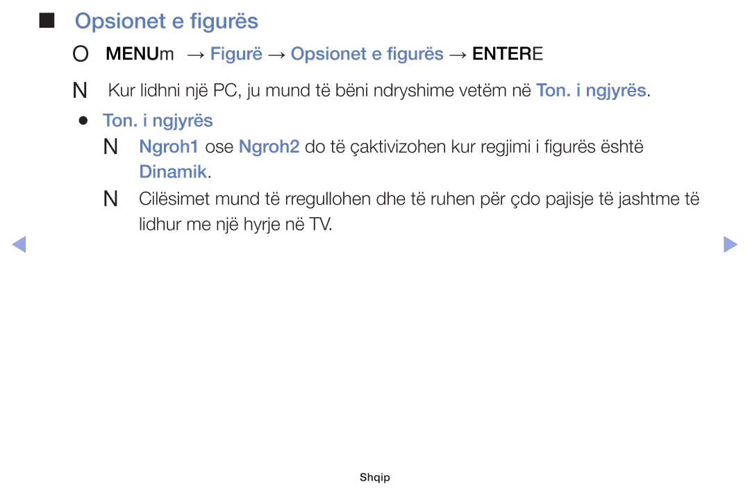 Samsung UE50F5000AWXXH, UE46F5000AWXXH manual OO MENUm → Figurë → Opsionet e figurës → Entere, Ton. i ngjyrës, Dinamik 