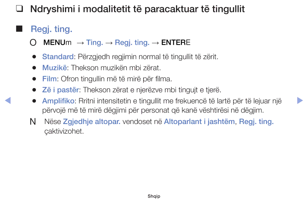 Samsung UE32F4000AWXXH, UE46F5000AWXXH, UE40F5000AWXXH manual Ndryshimi i modalitetit të paracaktuar të tingullit, Regj. ting 