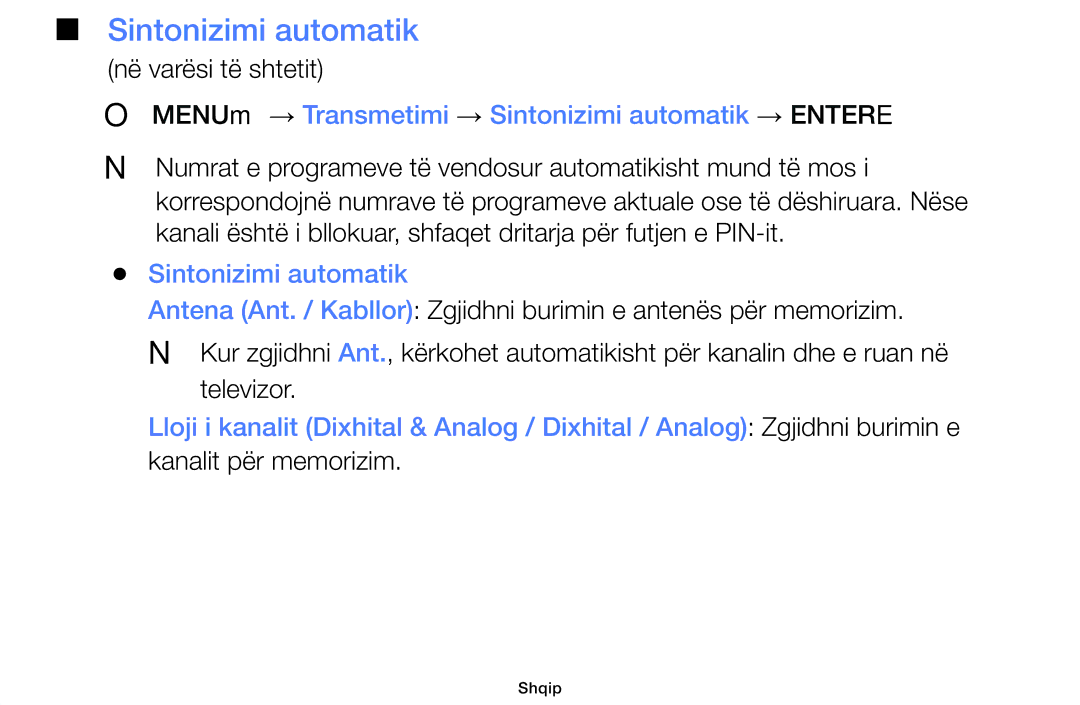 Samsung UE42F5000AWXXH, UE46F5000AWXXH, UE40F5000AWXXH manual OO MENUm → Transmetimi → Sintonizimi automatik → Entere 