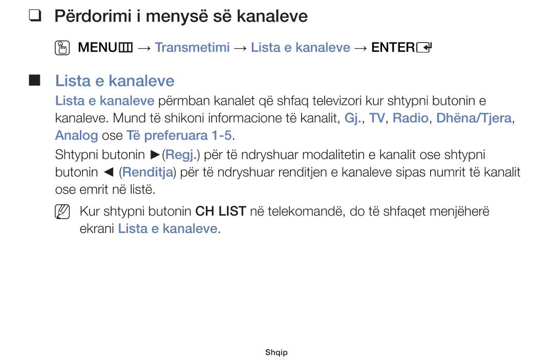 Samsung UE50F5000AWXXH, UE46F5000AWXXH, UE40F5000AWXXH, UE32F5000AWXXH manual Përdorimi i menysë së kanaleve, Lista e kanaleve 