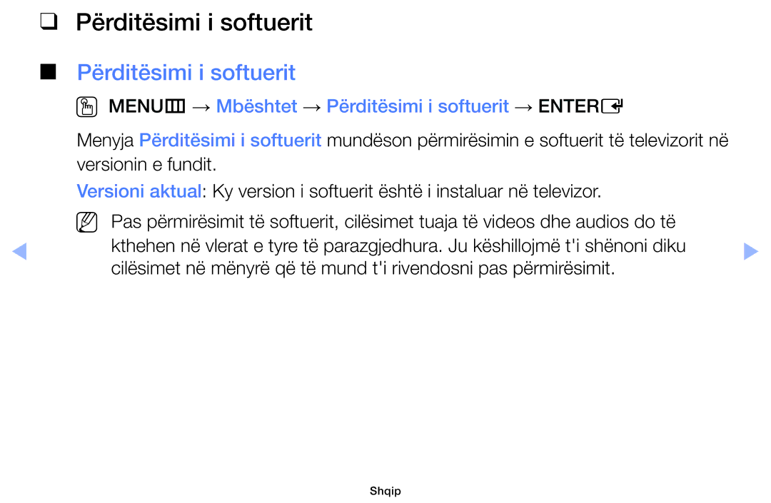 Samsung UE32F5000AWXXH, UE46F5000AWXXH, UE40F5000AWXXH manual OO MENUm → Mbështet → Përditësimi i softuerit → Entere 
