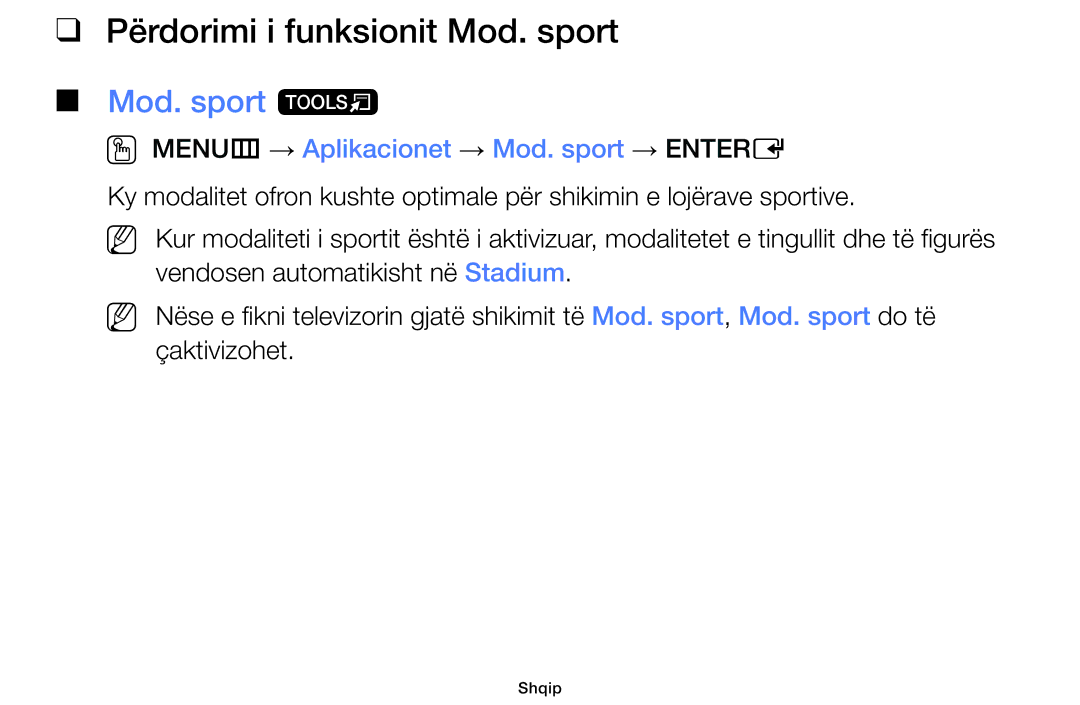 Samsung UE42F5070SSXXH Përdorimi i funksionit Mod. sport, Mod. sport t, OO MENUm → Aplikacionet → Mod. sport → Entere 