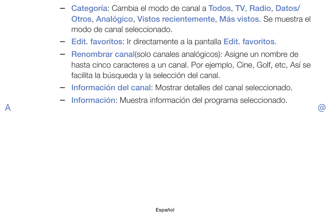 Samsung UE32F5070SSXXH, UE46F5000AWXXH, UE42F5000AWXXC manual Categoría Cambia el modo de canal a Todos, TV, Radio, Datos 