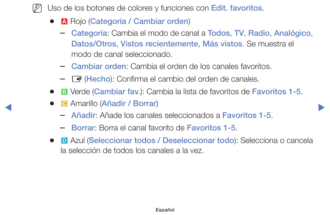 Samsung UE46F5000AWXXH, UE42F5000AWXXC, UE32F5000AWXXH manual Rojo Categoría / Cambiar orden, Amarillo Añadir / Borrar 