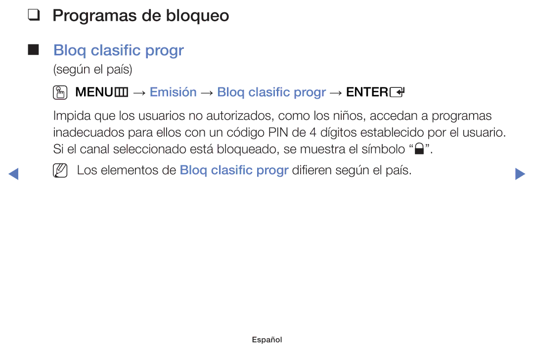 Samsung UE32F5000AWXXH, UE46F5000AWXXH manual Programas de bloqueo, OO MENUm → Emisión → Bloq clasific progr → Entere 