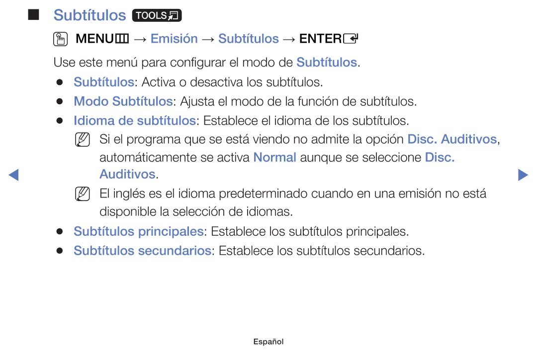 Samsung UE42F5000AWXXH, UE46F5000AWXXH, UE42F5000AWXXC Subtítulos t, OO MENUm → Emisión → Subtítulos → Entere, Auditivos 