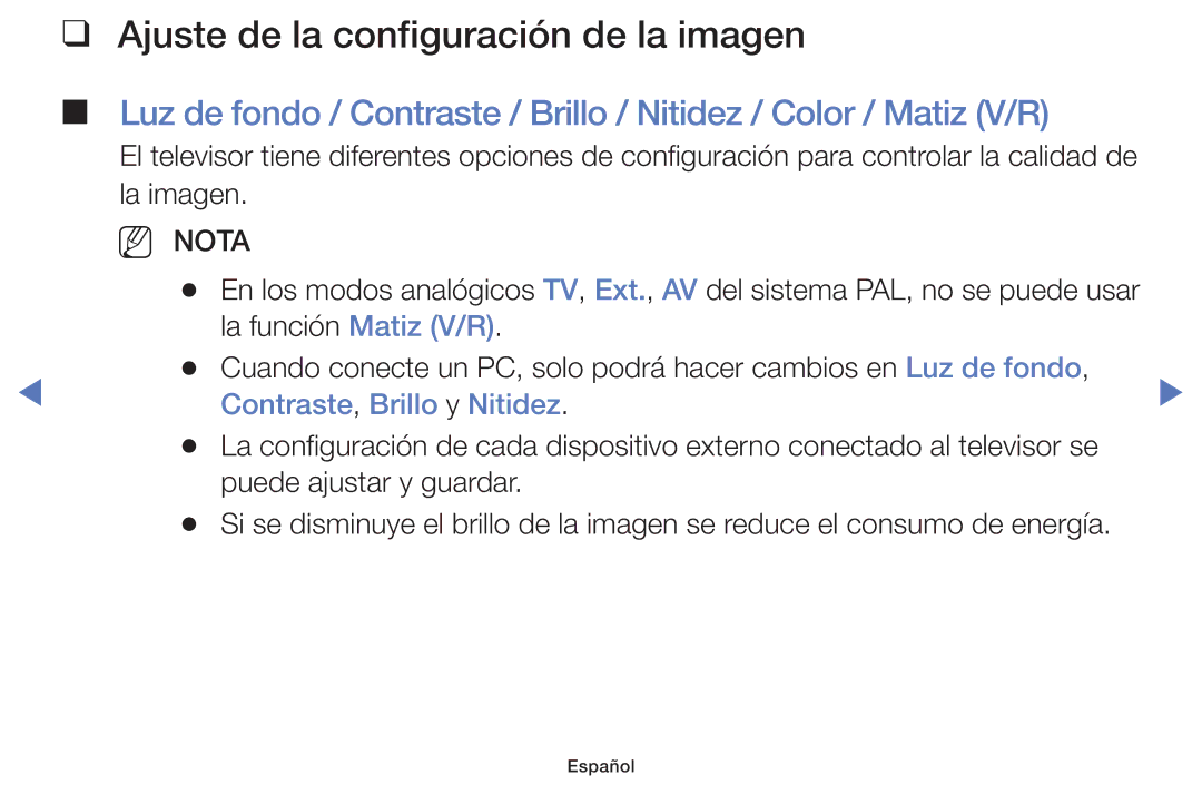 Samsung UE46F5000AWXXC, UE46F5000AWXXH, UE42F5000AWXXC Ajuste de la configuración de la imagen, Contraste, Brillo y Nitidez 