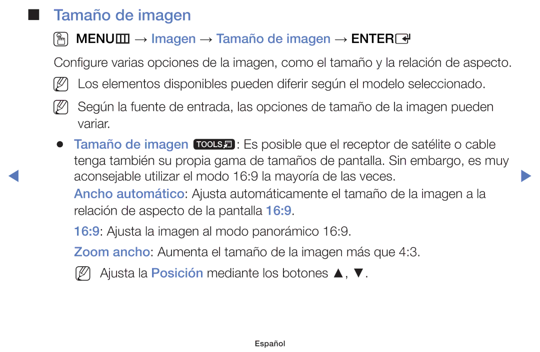 Samsung UE32F5070SSXXH, UE46F5000AWXXH, UE42F5000AWXXC, UE32F5000AWXXH OO MENUm → Imagen → Tamaño de imagen → Entere 
