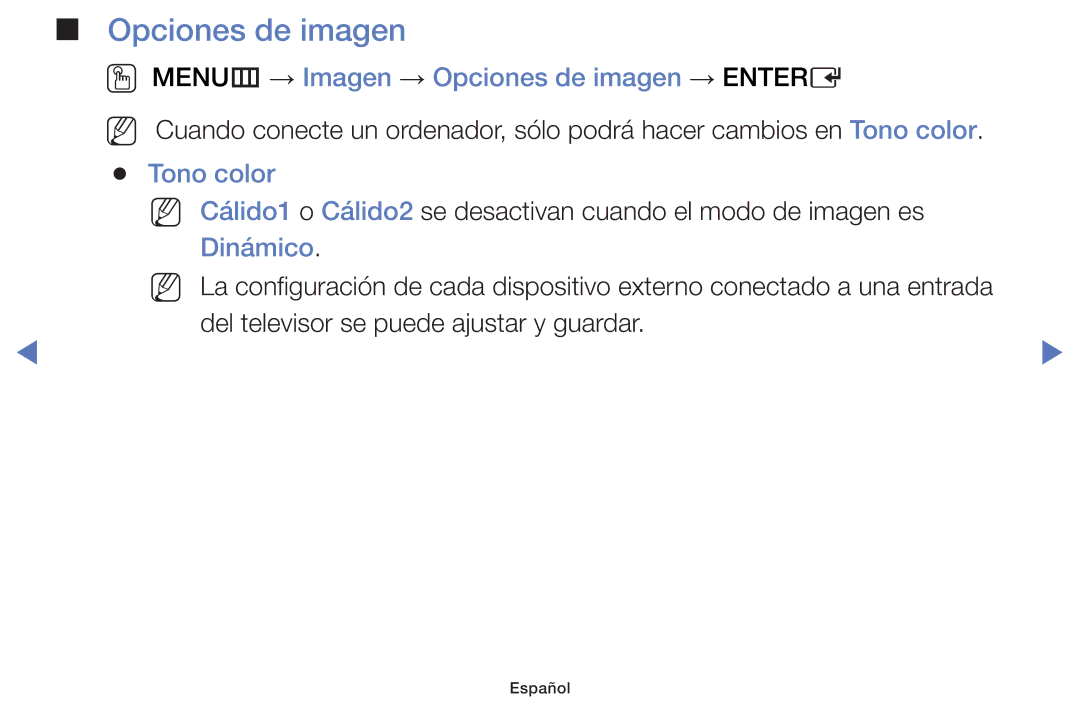 Samsung UE32F4000AWXXC, UE46F5000AWXXH manual OO MENUm → Imagen → Opciones de imagen → Entere, Tono color, Dinámico 