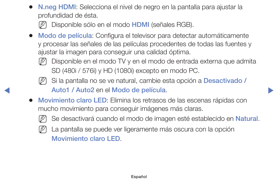 Samsung UE42F5000AWXXH, UE46F5000AWXXH, UE42F5000AWXXC manual Auto1 / Auto2 en el Modo de película, Movimiento claro LED 