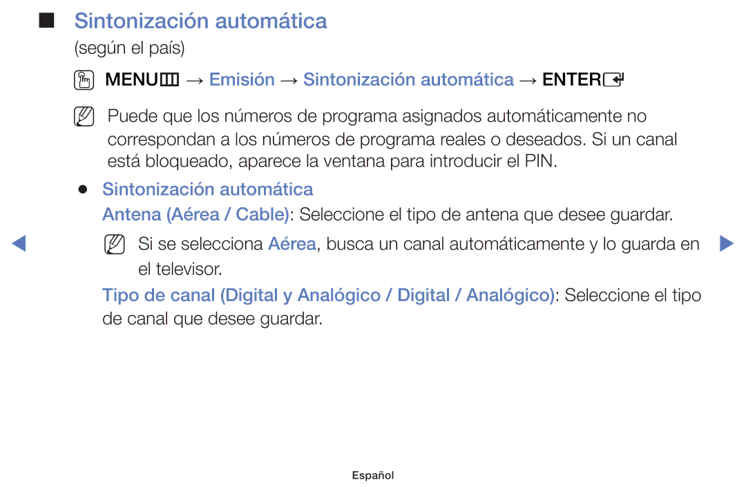 Samsung UE32F4000AWXXH, UE46F5000AWXXH, UE42F5000AWXXC manual OO MENUm → Emisión → Sintonización automática → Entere 
