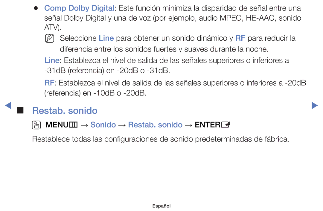 Samsung UE32F5070SSXXH, UE46F5000AWXXH, UE42F5000AWXXC, UE32F5000AWXXH manual OO MENUm → Sonido → Restab. sonido → Entere 