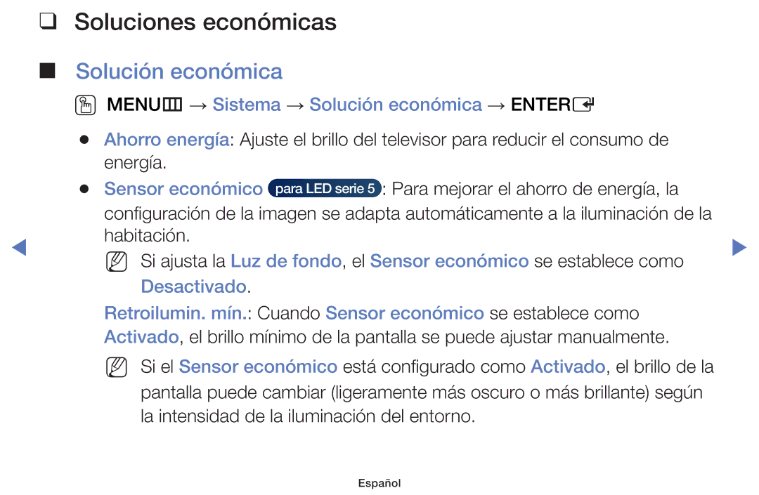 Samsung UE32F5000AWXZF manual Soluciones económicas, OO MENUm → Sistema → Solución económica → Entere, Sensor económico 