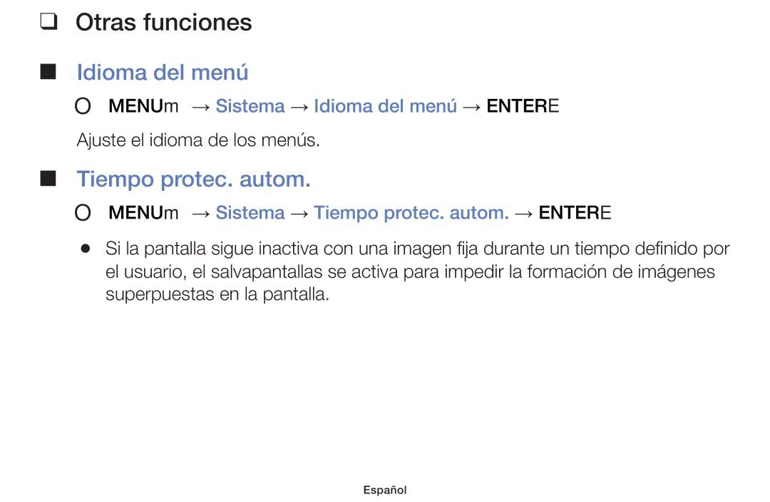 Samsung UE32F5000AWXBT, UE46F5000AWXXH manual Tiempo protec. autom, OO MENUm → Sistema → Idioma del menú → Entere 